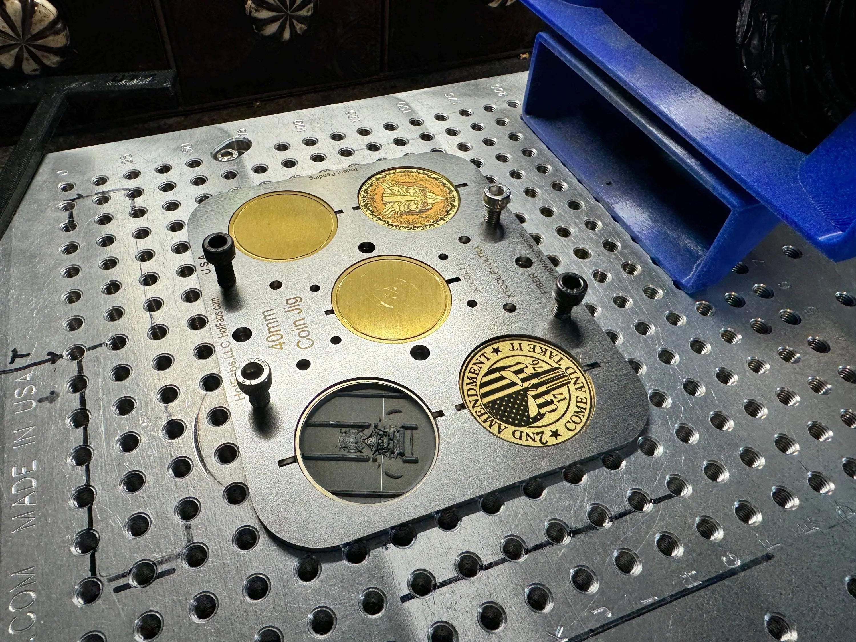 40mm Coin Jig - ALL STEEL - will not melt. For laser engraving. Hot Fabs LLC