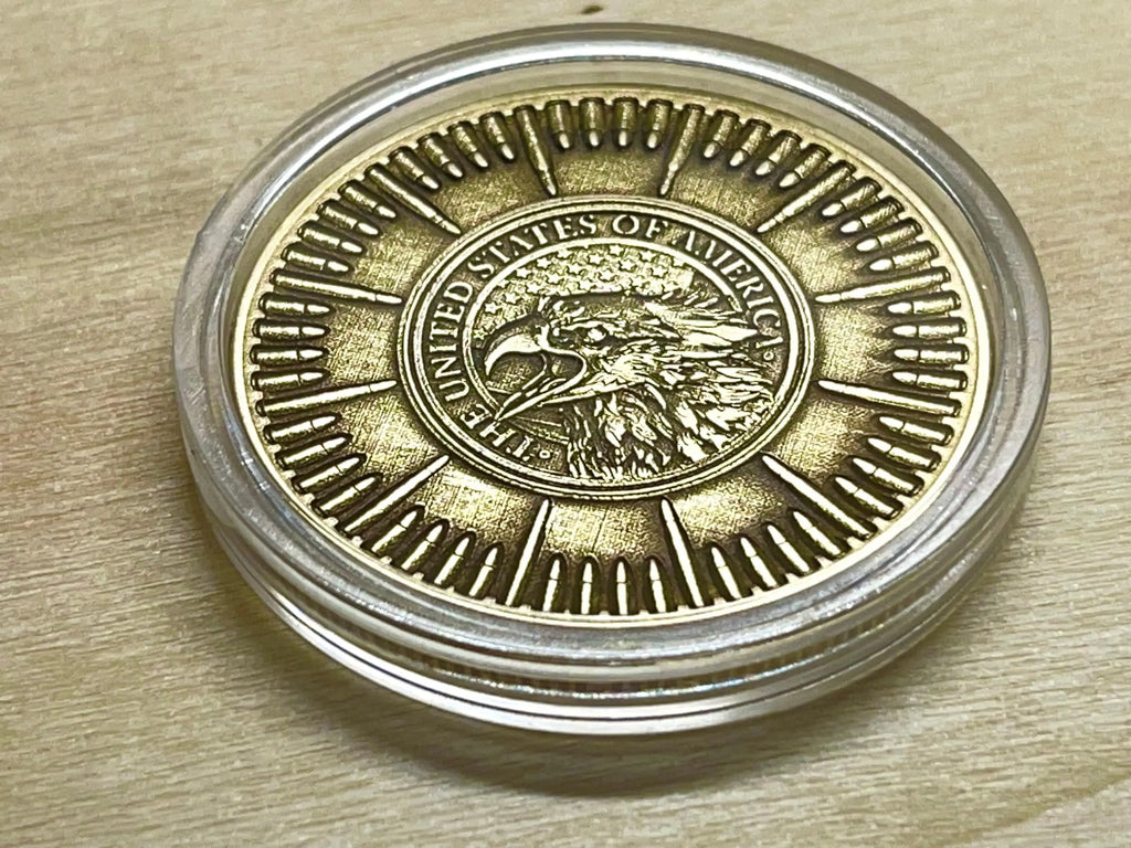 2A US EAGLE + BULLETS Brass Challenge Coin - 40mm (Fully Engraved) Hot Fabs LLC