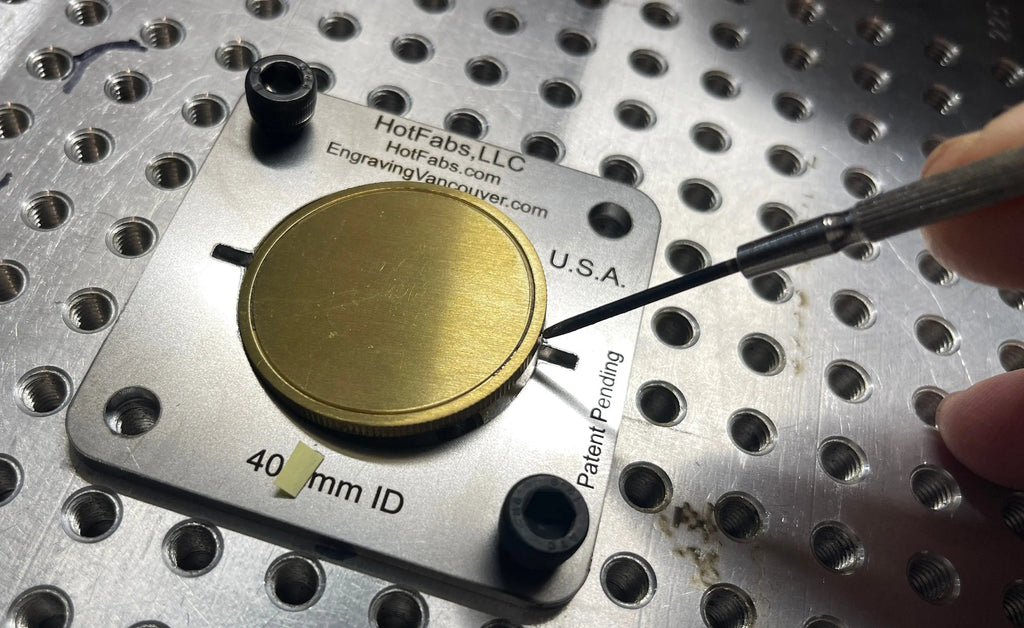 40mm Coin Jig - ALL STEEL - will not melt. For laser engraving. Hot Fabs LLC