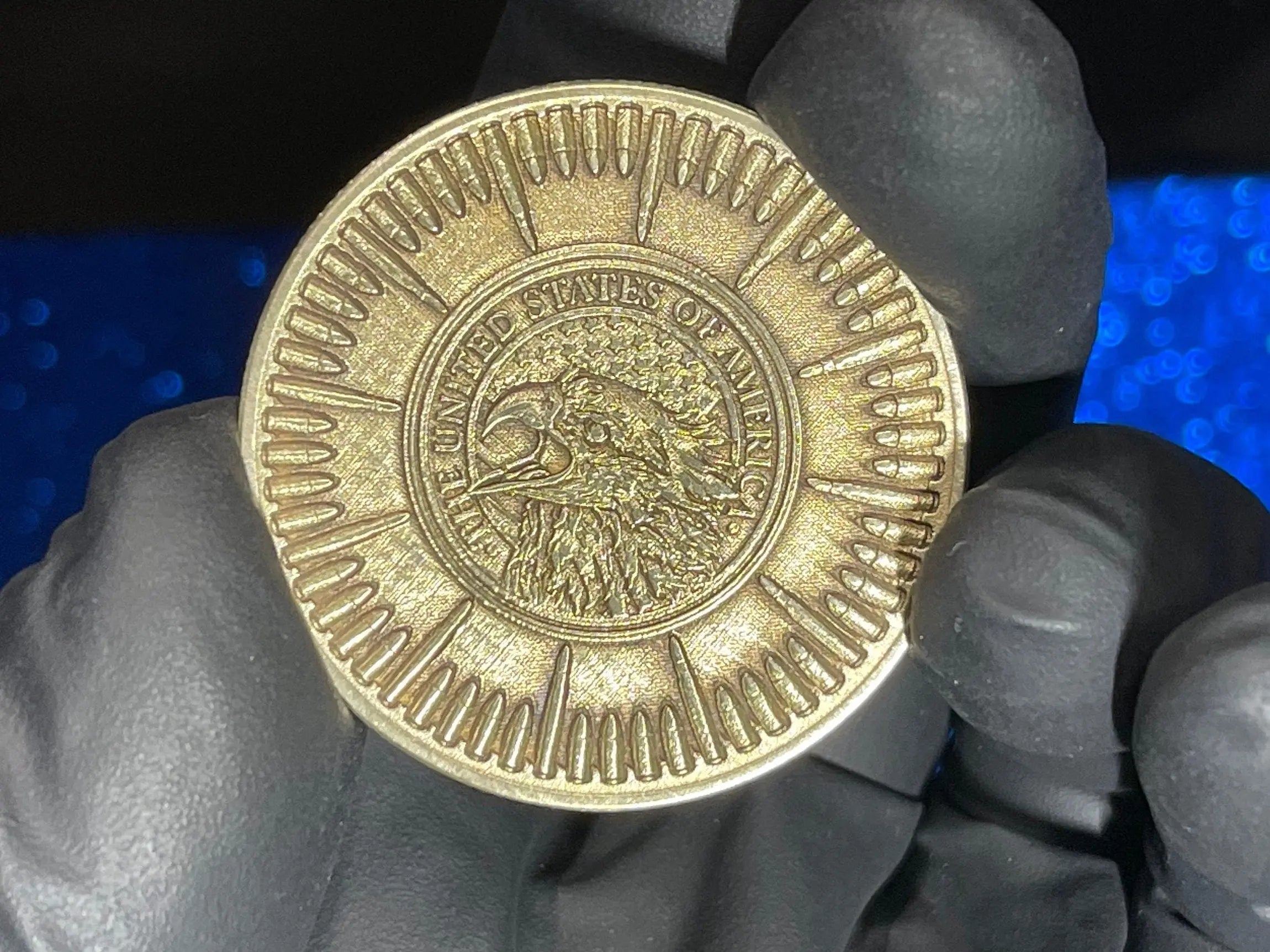 2A US EAGLE + BULLETS Brass Challenge Coin - 40mm (Fully Engraved) Hot Fabs LLC