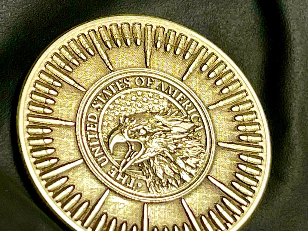 2A US EAGLE + BULLETS Brass Challenge Coin - 40mm (Fully Engraved) Hot Fabs LLC