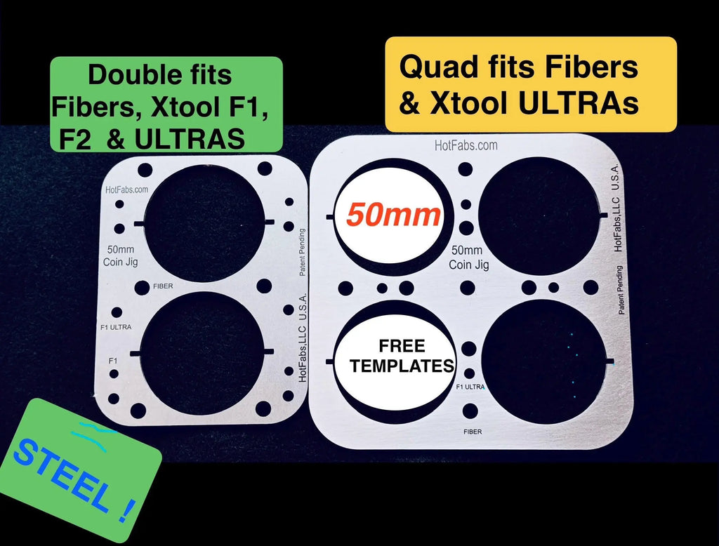 50mm (2") Coin Jigs (Fiber Laser, Xtool F1/F2 & Ultra Lasers) Steel Won't Melt! - Free Templates Hot Fabs LLC