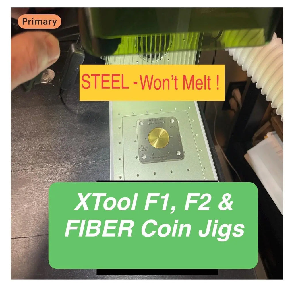 XTool F1/F2 Single Coin Jigs - All STEEL - Won't Melt. (also Fits ULTRA F1/F2/UV & Fiber Lasers - 1.25" or 40mm Choices) Hot Fabs LLC