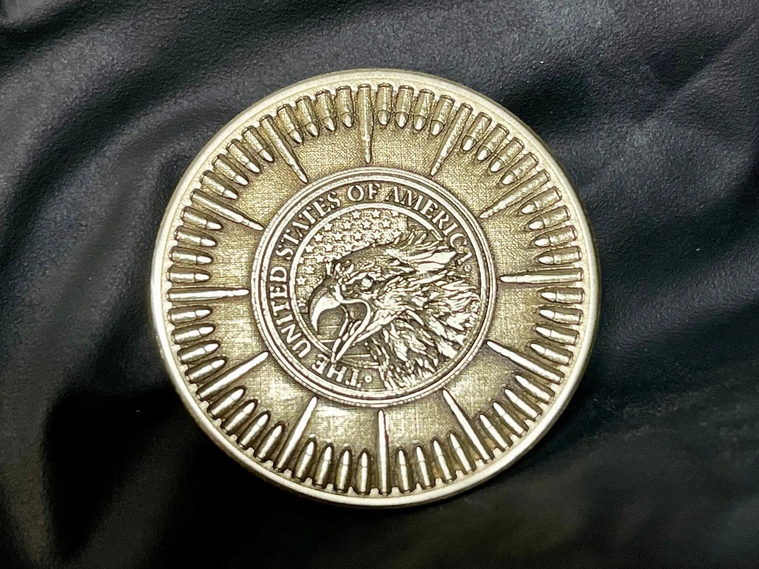 2A US EAGLE + BULLETS Brass Challenge Coin - 40mm (Fully Engraved) Hot Fabs LLC