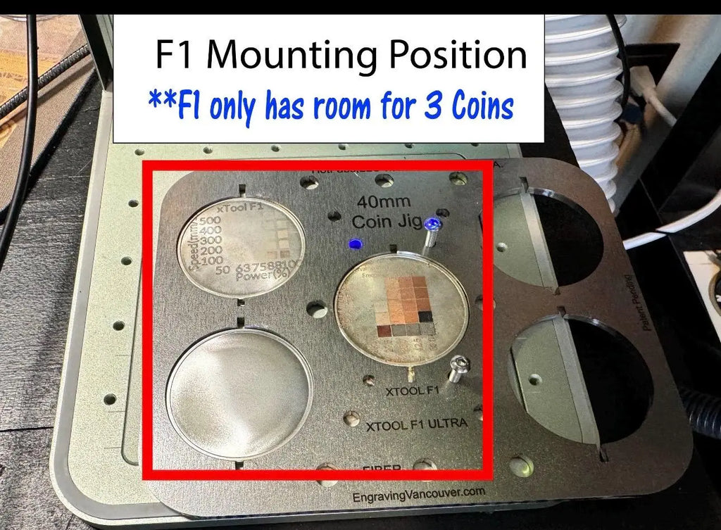40mm Coin Jigs for XTOOL + FIBER - Fits F1/F2, Both Ultras+Fiber Lasers (All-in-One!) Steel Won't Melt! - Free Templates (XCS, Lightburn) Hot Fabs LLC